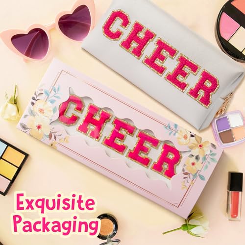Y1tvei Preppy Patch CHEER Hot Pink Chenille Letter Extra Large Cosmetic Bag PU Leather Waterproof Portable Varsity Cheer Letter Makeup Toiletry Pouch Travel Organizer for Cheerleader Girl (Shell Gold) - Image 2