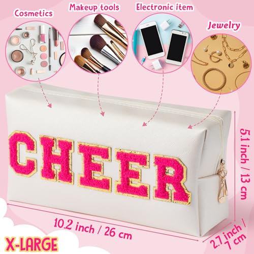 Y1tvei Preppy Patch CHEER Hot Pink Chenille Letter Extra Large Cosmetic Bag PU Leather Waterproof Portable Varsity Cheer Letter Makeup Toiletry Pouch Travel Organizer for Cheerleader Girl (Shell Gold) - Image 3