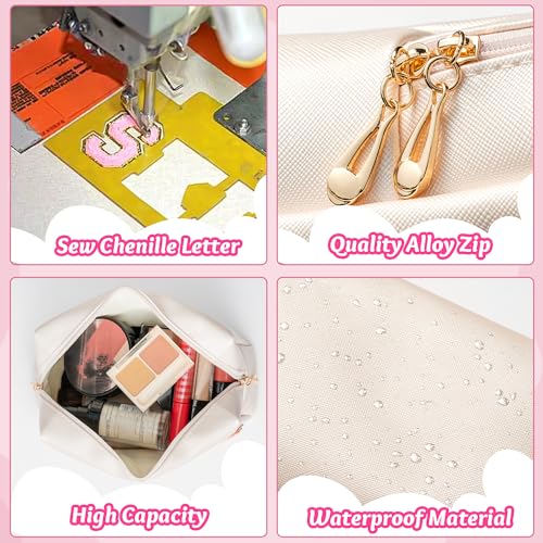 Y1tvei Preppy Patch CHEER Hot Pink Chenille Letter Extra Large Cosmetic Bag PU Leather Waterproof Portable Varsity Cheer Letter Makeup Toiletry Pouch Travel Organizer for Cheerleader Girl (Shell Gold) - Image 4