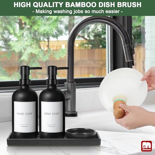 GM GMISUN GMISUN Kitchen Soap Dispenser Set, 17 fl oz Dish Soap Dispenser with Ceramic Tray & Bamboo Brush for Kitchen, 2Pcs Matte Black Glass Hand and Dish Soap Dispenser Set, Refillable Soap Bottle Set - Image 5