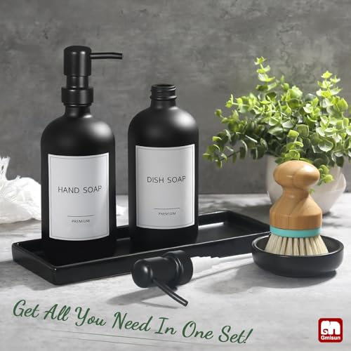 GM GMISUN GMISUN Kitchen Soap Dispenser Set, 17 fl oz Dish Soap Dispenser with Ceramic Tray & Bamboo Brush for Kitchen, 2Pcs Matte Black Glass Hand and Dish Soap Dispenser Set, Refillable Soap Bottle Set - Image 2