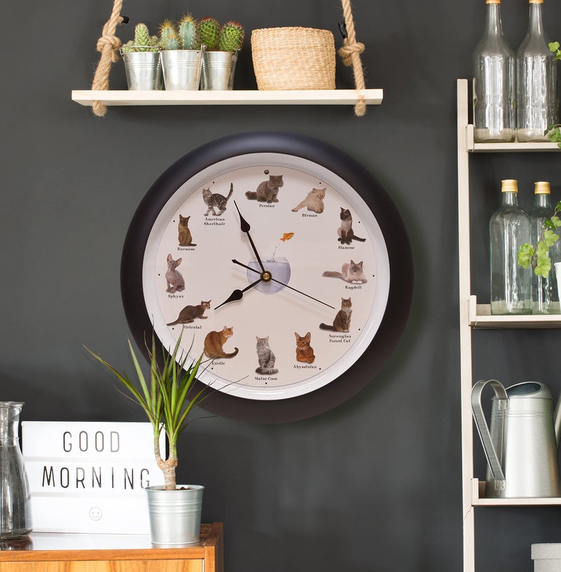 Mark Feldstein & Associates Meowing Cat Sounds Wall Clock, 13", Black, 12 Popular Breeds - Image 2