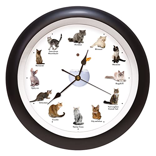 Mark Feldstein & Associates Meowing Cat Sounds Wall Clock, 13", Black, 12 Popular Breeds - Image 1