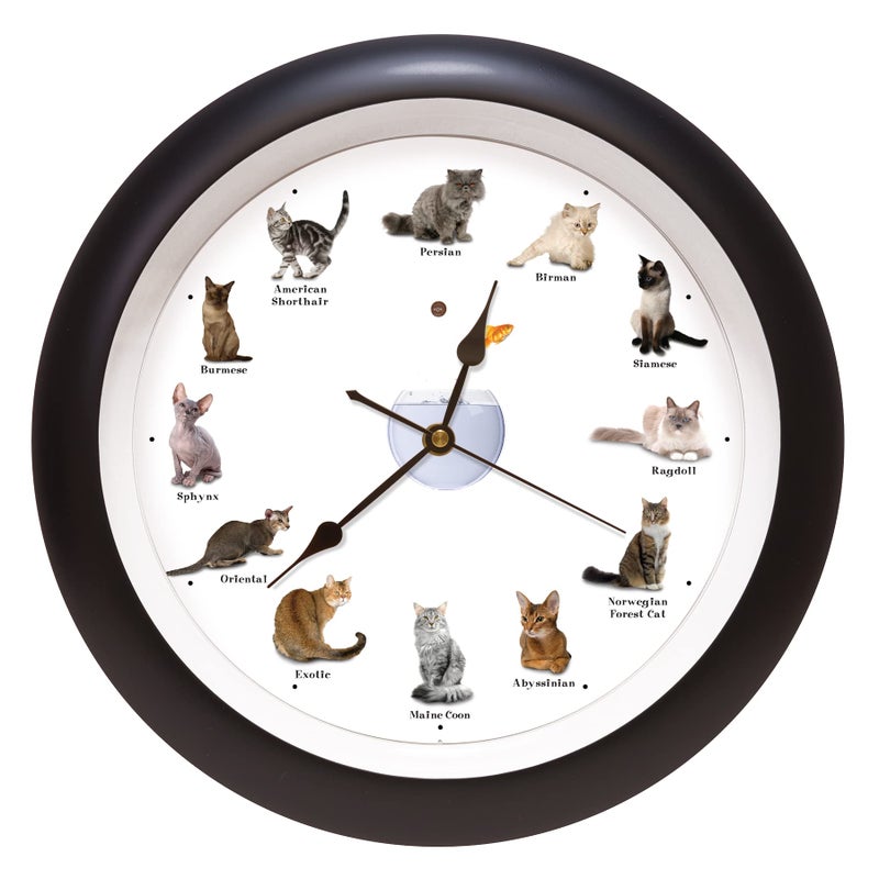 Mark Feldstein & Associates Meowing Cat Sounds Wall Clock, 13", Black, 12 Popular Breeds - Image 5