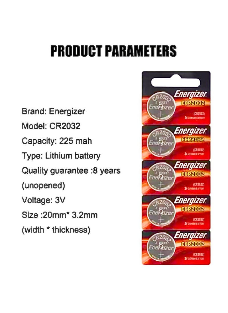 High-Quality CR2032 Battery, Set of 5 Round Batteries, 3-Volt Lithium Battery by Energizer Brand, Five Pieces of Energizer Batteries, Watch Battery, Toy Battery, Clock Battery, Car Remote Battery, Small Round Battery, Circular Battery for Car Remotes and Small Devices, Calculator Battery, Motherboard Battery for Computer, Medical Devices Battery, Round Battery for Some LED Lights, Calculator Batteries, Remote Control Batteries, Car Key Fob Battery, Electronic Gate Battery, Doorbell Battery, Stopwatch Battery, Calculator Battery, Set of Multi-Purpose Batteries.