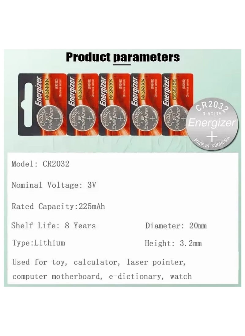 High-Quality CR2032 Battery, Set of 5 Round Batteries, 3-Volt Lithium Battery by Energizer Brand, Five Pieces of Energizer Batteries, Watch Battery, Toy Battery, Clock Battery, Car Remote Battery, Small Round Battery, Circular Battery for Car Remotes and Small Devices, Calculator Battery, Motherboard Battery for Computer, Medical Devices Battery, Round Battery for Some LED Lights, Calculator Batteries, Remote Control Batteries, Car Key Fob Battery, Electronic Gate Battery, Doorbell Battery, Stopwatch Battery, Calculator Battery, Set of Multi-Purpose Batteries.