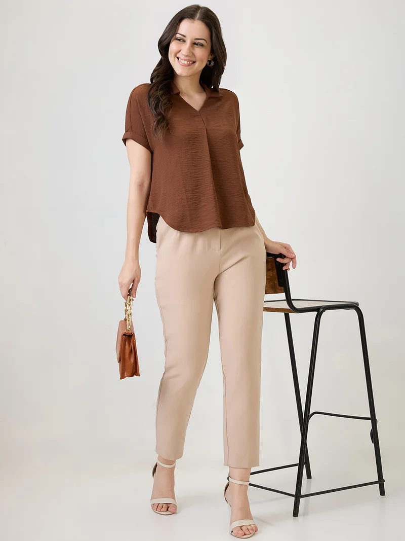globus Women Brown Collar Neck Extended Sleeves Self Design Shirt Style Workwear Top