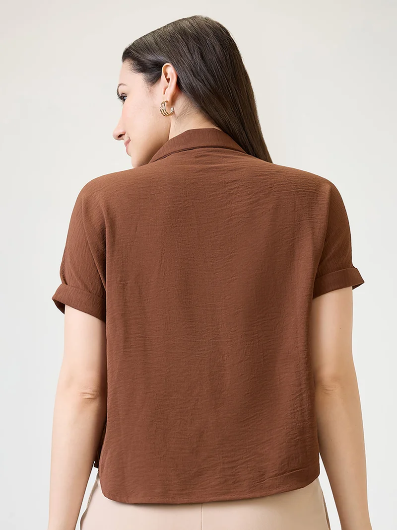 globus Women Brown Collar Neck Extended Sleeves Self Design Shirt Style Workwear Top