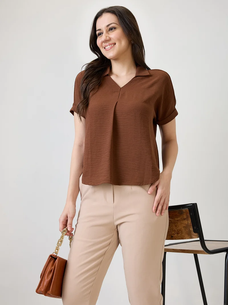 globus Women Brown Collar Neck Extended Sleeves Self Design Shirt Style Workwear Top