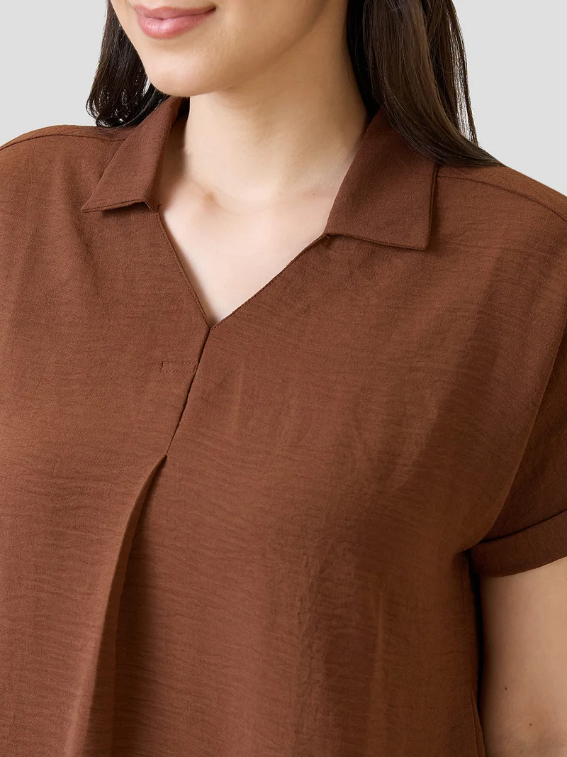 globus Women Brown Collar Neck Extended Sleeves Self Design Shirt Style Workwear Top