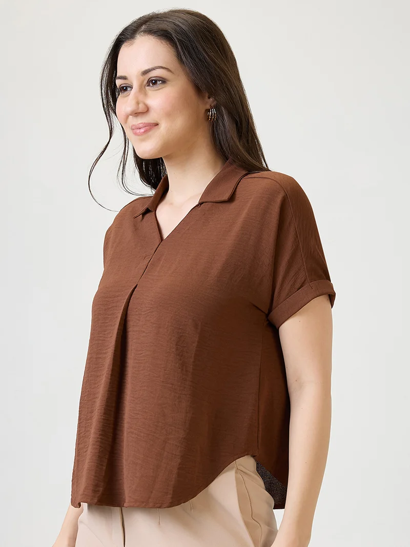 globus Women Brown Collar Neck Extended Sleeves Self Design Shirt Style Workwear Top