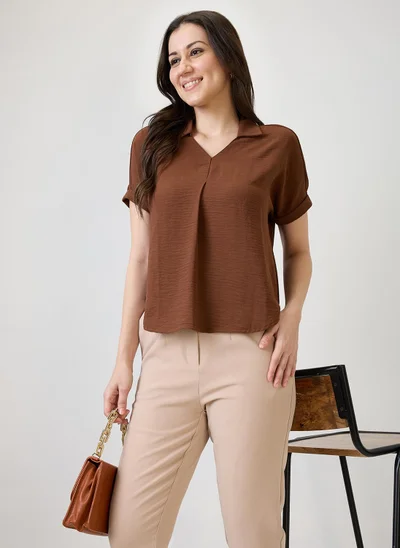 globus Globus Women Brown Collar Neck Extended Sleeves Self Design Shirt Style Workwear Top