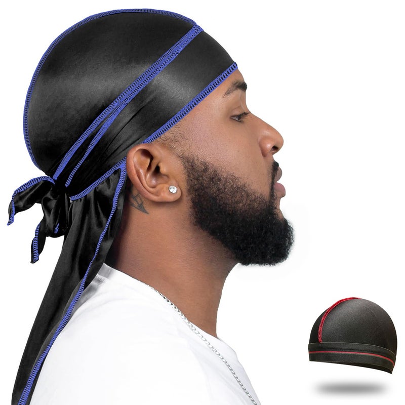 ForceWave Silky Durag for Men Wave Cap Satin Dorag for Men Women 360 Wave (Black with Blue Seam) - Image 1
