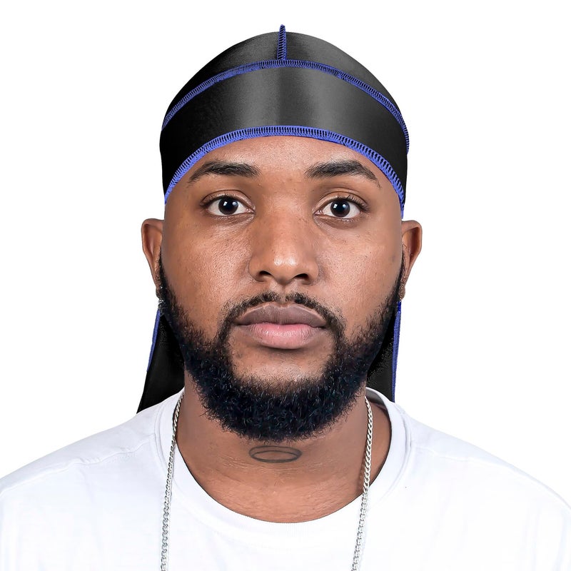 ForceWave Silky Durag for Men Wave Cap Satin Dorag for Men Women 360 Wave (Black with Blue Seam) - Image 2