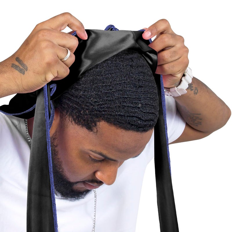 ForceWave Silky Durag for Men Wave Cap Satin Dorag for Men Women 360 Wave (Black with Blue Seam) - Image 4