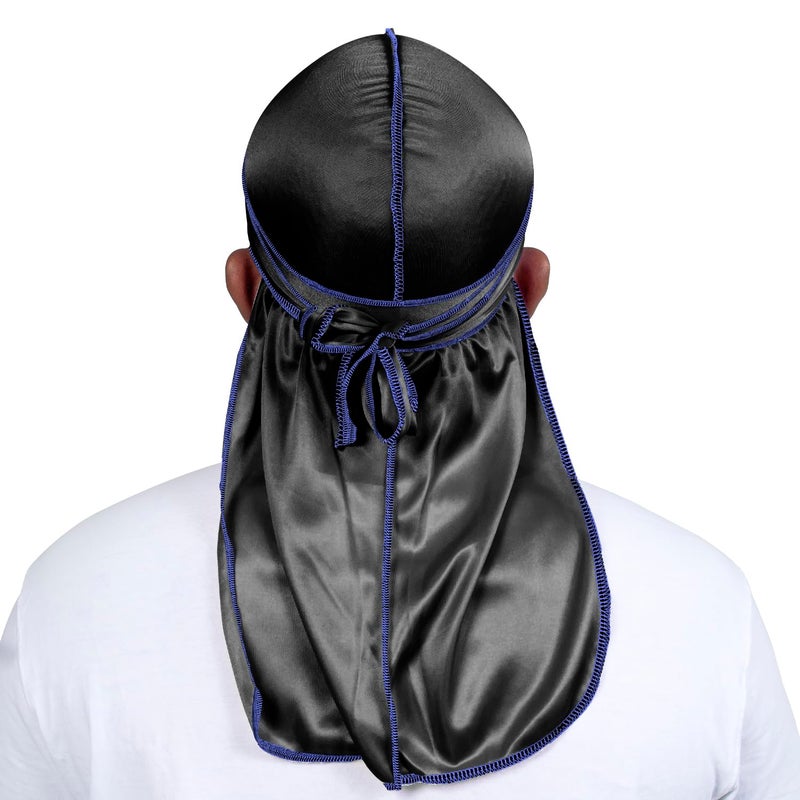 ForceWave Silky Durag for Men Wave Cap Satin Dorag for Men Women 360 Wave (Black with Blue Seam) - Image 3