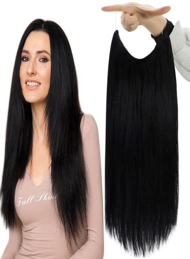 Fshine Black Wire Hair Extensions Real Human Hair #1 Jet Black Straight Clip in One Piece Hair Extension 18 Inch 80G Secret Layered Fish Line Hairpiece - Image 1