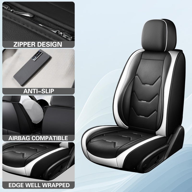 otoez Car Seat Covers Full Set, Universal Leather Seat Cover for Car, Waterproof 5 Seat Automotive Front and Back Seat Protector Full Coverage for Most Sedens Trucks SUVs, White & Black - Image 4