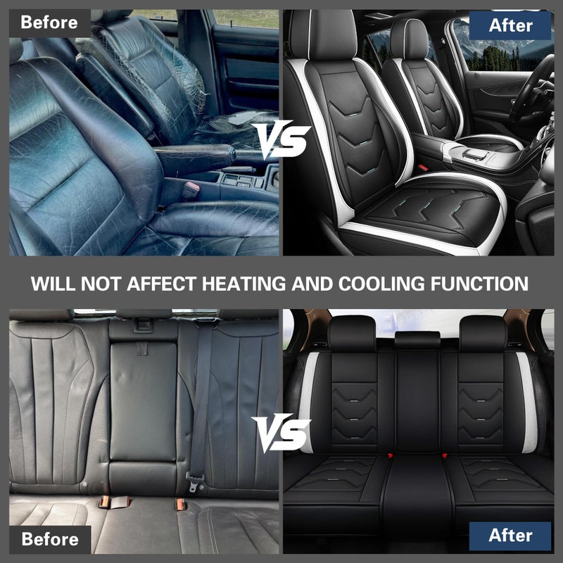 otoez Car Seat Covers Full Set, Universal Leather Seat Cover for Car, Waterproof 5 Seat Automotive Front and Back Seat Protector Full Coverage for Most Sedens Trucks SUVs, White & Black - Image 5