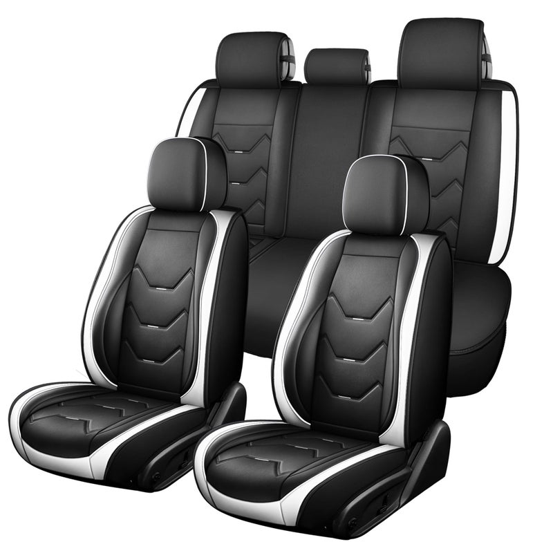 otoez Car Seat Covers Full Set, Universal Leather Seat Cover for Car, Waterproof 5 Seat Automotive Front and Back Seat Protector Full Coverage for Most Sedens Trucks SUVs, White & Black - Image 2