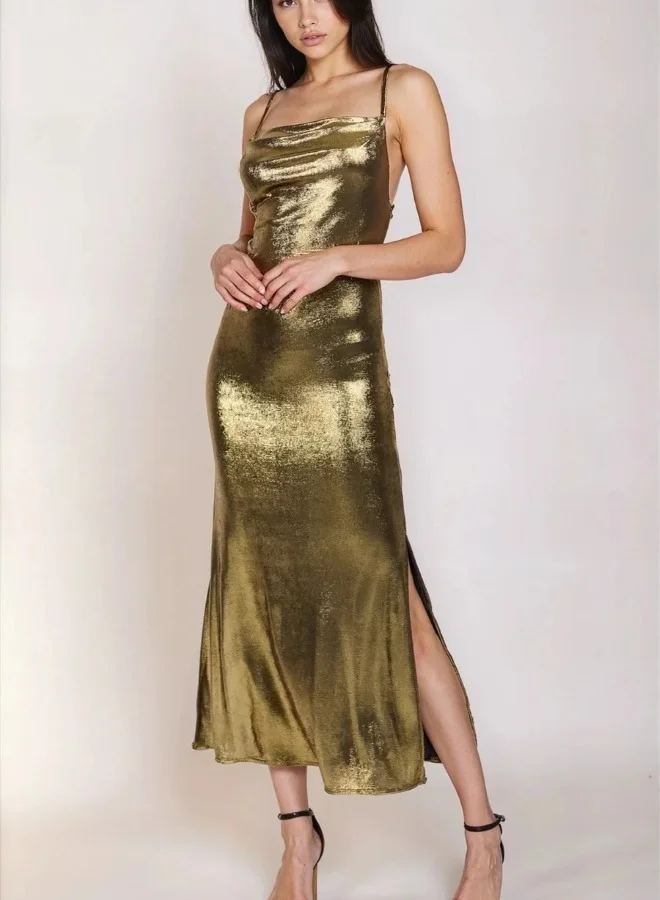 Gold Satin Cowl Neck Midi Dress