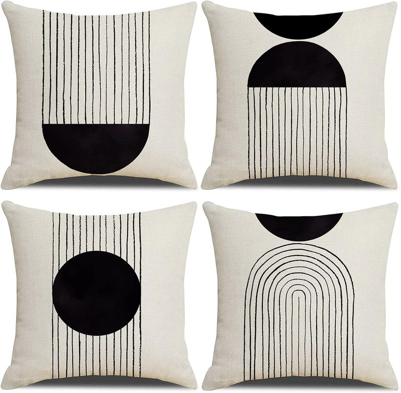 IcosaMro Black and White Throw Pillow Covers 18x18 Set of 4 Cotton Linen Boho Black and Beige Throw Pillow Cases Mid Century Modern Arch Sun Decor Decorative Bohemian Cushion Case with Zipper - Image 1