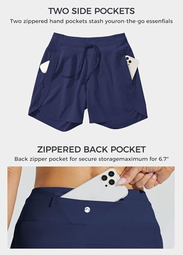 Willit Women's Athletic Running Shorts 5" Quick Dry Workout Hiking High Waisted Active Gym Exercise Zipper Pocket Navy Blue L - Image 5