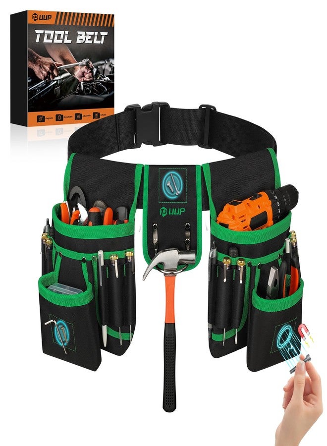 UUP Magnetic Tool Belt for Men, 26 Pockets Heavy Duty Tool Pouch, Magnet Holster Nail Utility Toolbelt Detachable Adjustable Waist Holder for Handyman Contractor Mechanic Plumber Roofer Dad Gift -Green - Image 1