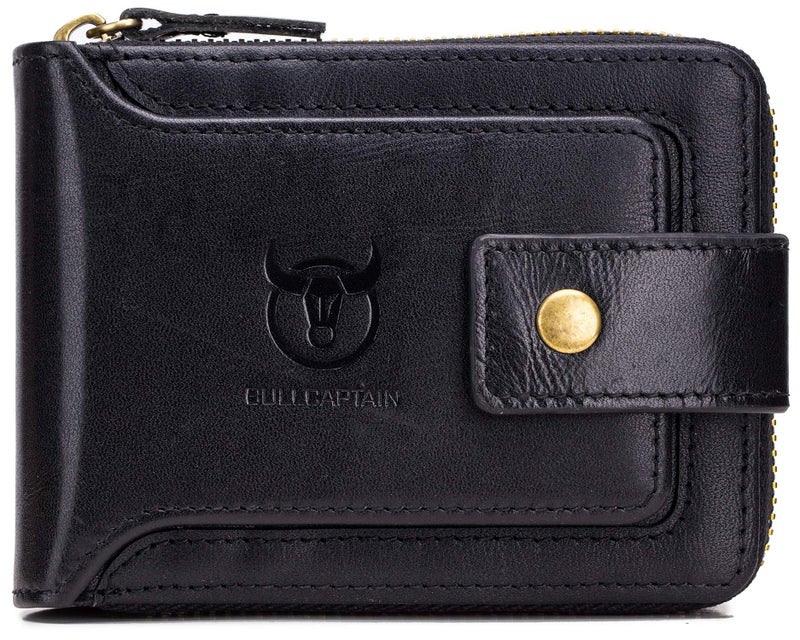 BULLCAPTAIN Mens Genuine Leather Zipper Wallet RFID Blocking Bifold Zip Around Multi Credit Card Holder (black) - Image 1
