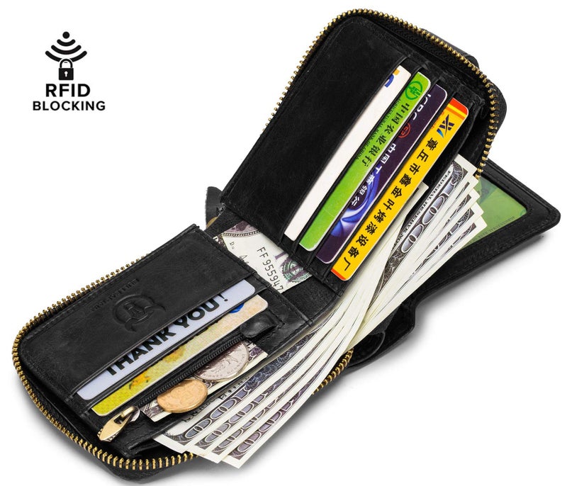BULLCAPTAIN Mens Genuine Leather Zipper Wallet RFID Blocking Bifold Zip Around Multi Credit Card Holder (black) - Image 4