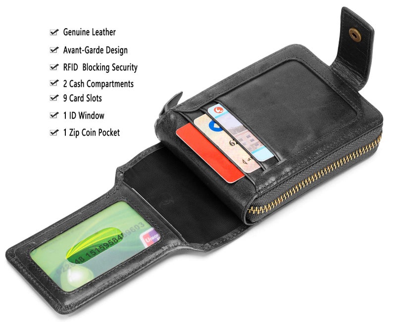 BULLCAPTAIN Mens Genuine Leather Zipper Wallet RFID Blocking Bifold Zip Around Multi Credit Card Holder (black) - Image 3