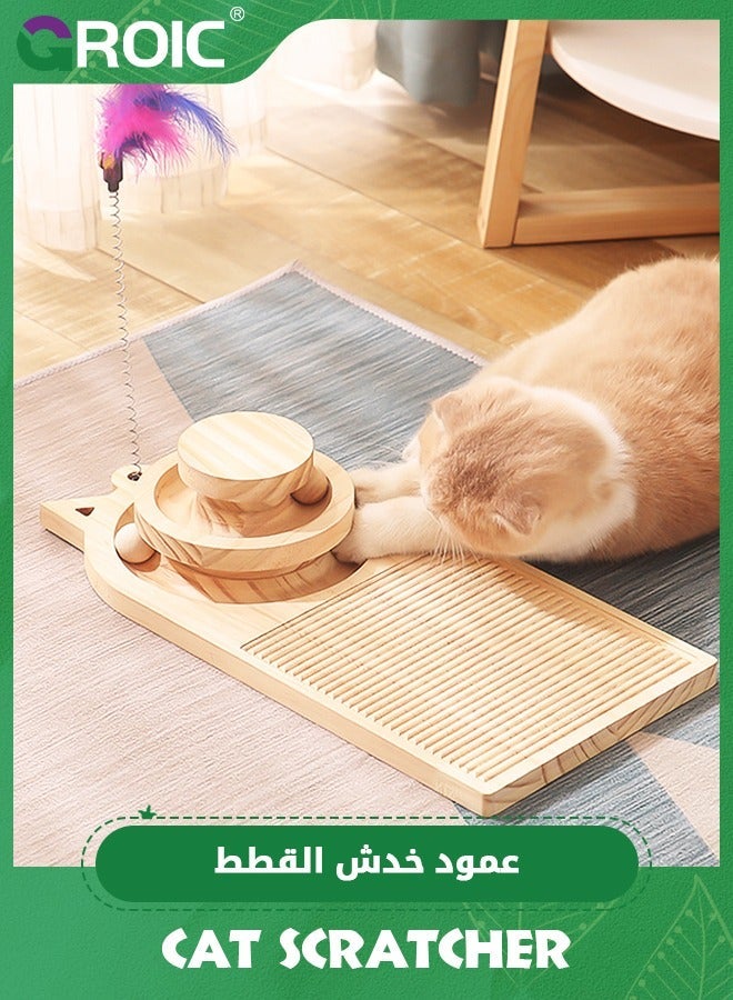 GROIC Cat Scratcher With Turntable, 3 in 1 Wooden Track Scratching Board Toys, Double Layer Turntable Interactive Ball And Teasing Stick, for Indoor Chasing & Exercising - Image 1