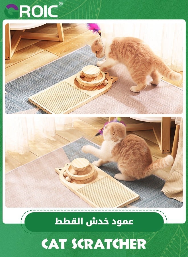 GROIC Cat Scratcher With Turntable, 3 in 1 Wooden Track Scratching Board Toys, Double Layer Turntable Interactive Ball And Teasing Stick, for Indoor Chasing & Exercising - Image 5