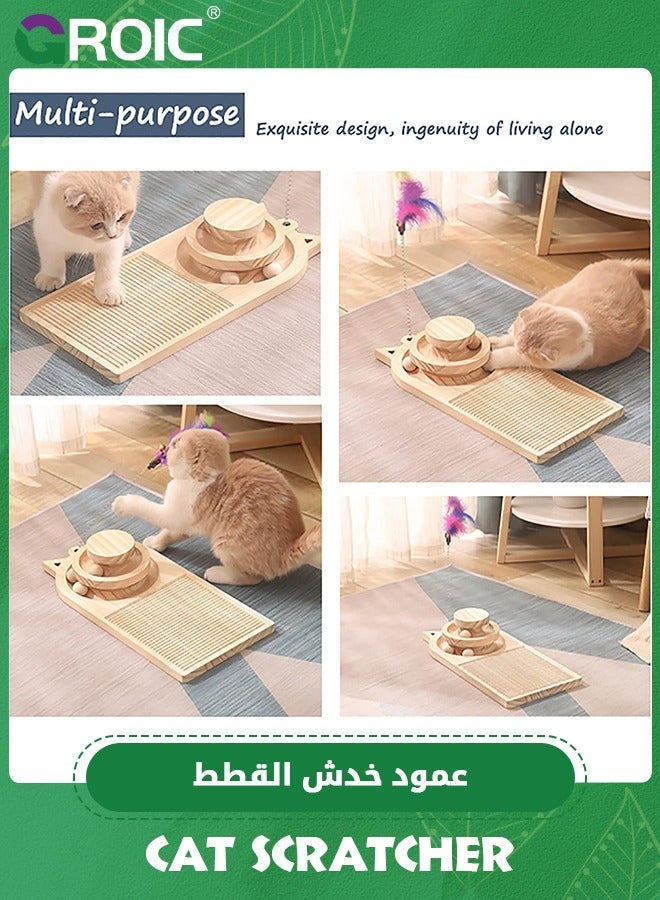 GROIC Cat Scratcher With Turntable, 3 in 1 Wooden Track Scratching Board Toys, Double Layer Turntable Interactive Ball And Teasing Stick, for Indoor Chasing & Exercising - Image 4