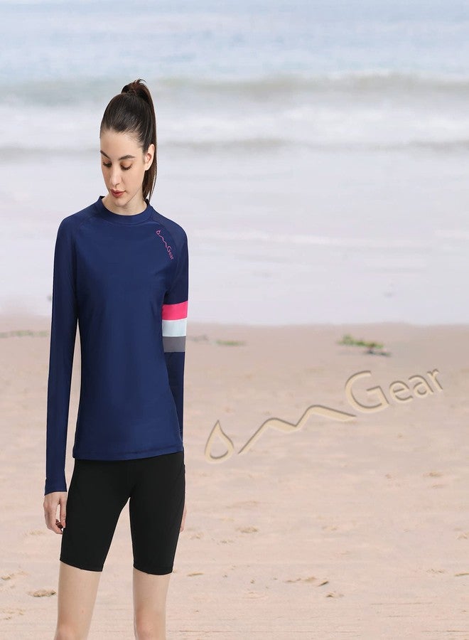 OMGear قميص سباحة OMGear واقي من الشمس للرجال والنساء، مصنوع من الإسباندكس متعدد الألوان، بأكمام طويلة/قصيرة، حماية من الأشعة فوق البنفسجية 50+، مناسب لرياضات الجوجيتسو البرازيلية والفنون القتالية المختلطة، قميص ضغط، بدلة ركوب الأمواج، أزرق داكن بنقوش (أكمام طويلة)، مقاس S - Image 5