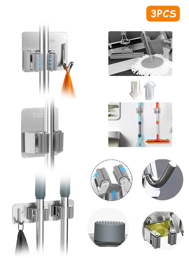 Photon 3 Pcs Mop Broom Holder Wall Mounted, Mounted SUS304 Stainless Steel, Shelves of different specifications Heavy Duty Anti Slip Broom Mop Mount Hanger Storage Organizer for Home Garage Kitchen Closet Laundry Room Outdoor Garden - Image 1