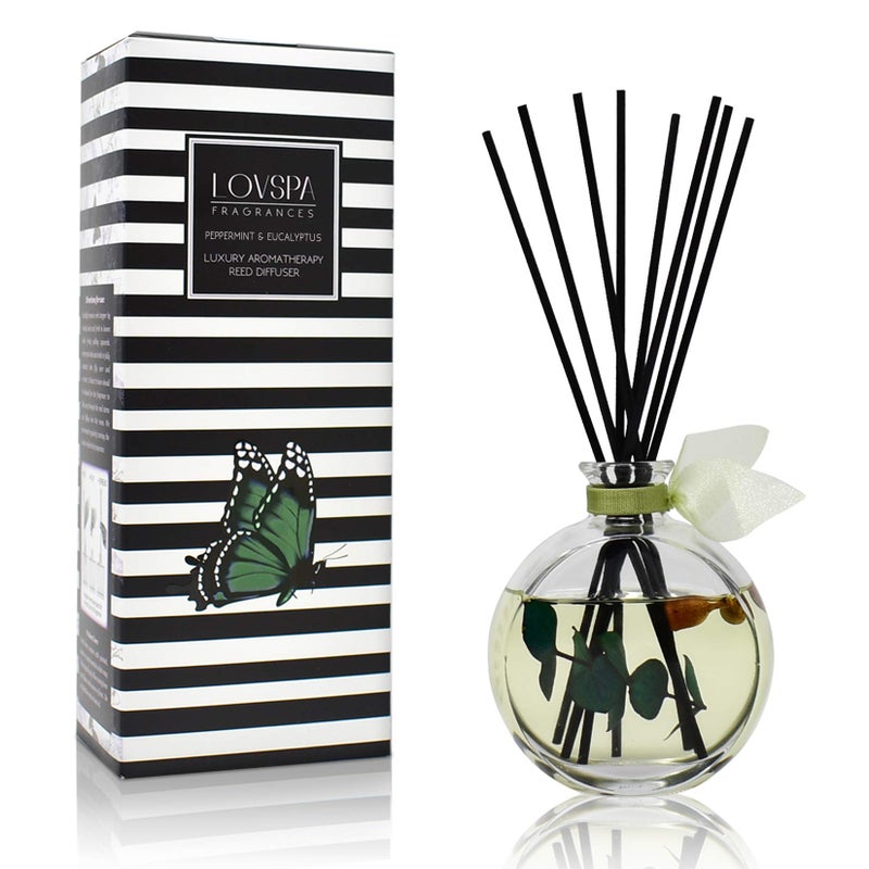 LOVSPA Reed Diffuser Set, Unwind Eucalyptus & Mint Scented Oil Diffuser with Sticks, Home Fragrance Accessories for Bathroom Shelf Decor, Aroma Diffusers for Home or Office Desk, USA Made - Image 1