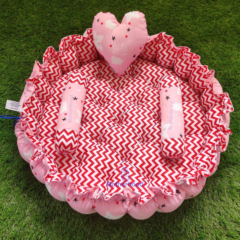 MOTHERHOOD MOTHERHOOD Round Baby Tub Bed and 3 pc Baby Pillow Luxury Baby Mattress Bed Sleeper Bedding Set coSleeper Safe Cotton Fabric with RFilled UltraSoft Comfortable for Newborn to ToddlersPink - Image 1