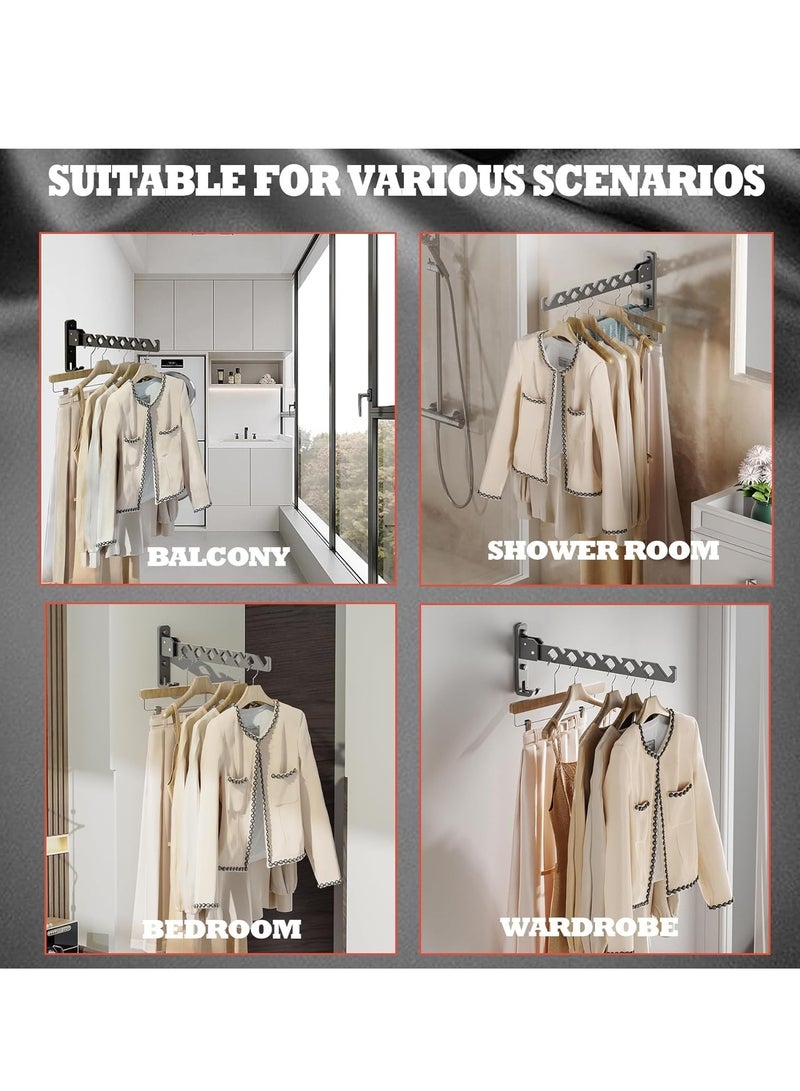 MIXDE 2 Pack Wall Mount Coat Hanger Holder, Black Clothes Drying Organizer Rack Garment Hooks Aluminium Retractable Folding Indoor Wall Mounted Hanger Space Saver for Laundry Room Bedroom - Image 3