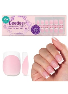beetles Gel Polish Beetles French Tip Press On Nails: 150 Pcs Pink Short Square Press On Nails 4 In 1 Nail Tips Gel Nail, Pre-Applied Primer And Base Coat, No File Need Diy Manicure For Nail Extension Designs And Gift  - Image 1