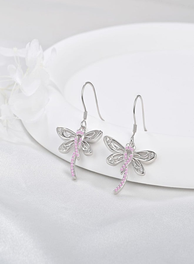 ACJNA Breast Cancer Survivor Earrings for Women 925 Sterling Sliver Dragonfly Breast Cancer Awareness Pink Ribbon Dangle Drop Earrings Gifts - Image 2
