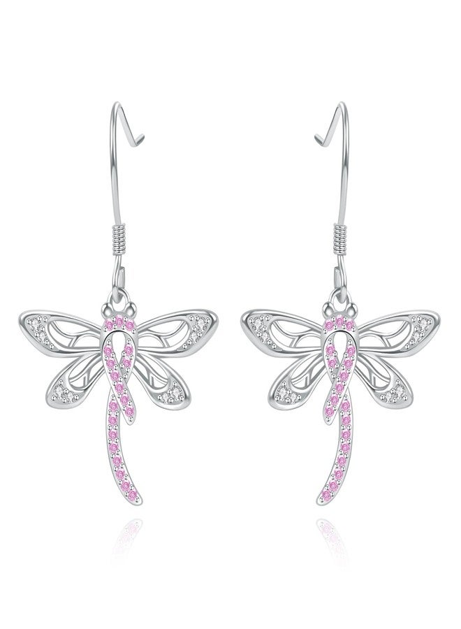 ACJNA Breast Cancer Survivor Earrings for Women 925 Sterling Sliver Dragonfly Breast Cancer Awareness Pink Ribbon Dangle Drop Earrings Gifts - Image 1