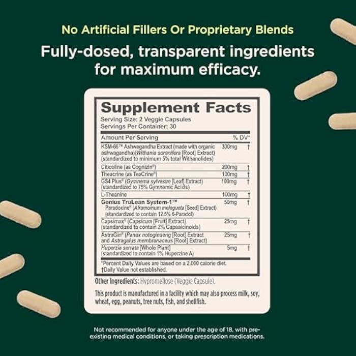 The Genius Brand Genius Thermogenic Fat Burner, 60 Diet Veggie Pills - Weight Loss & Metabolism Supplement, Appetite Suppressant & Energy Booster - Caffeine-Free Nootropic Focus & Brain Boost - Ashwagandha & TeaCrine - Image 4