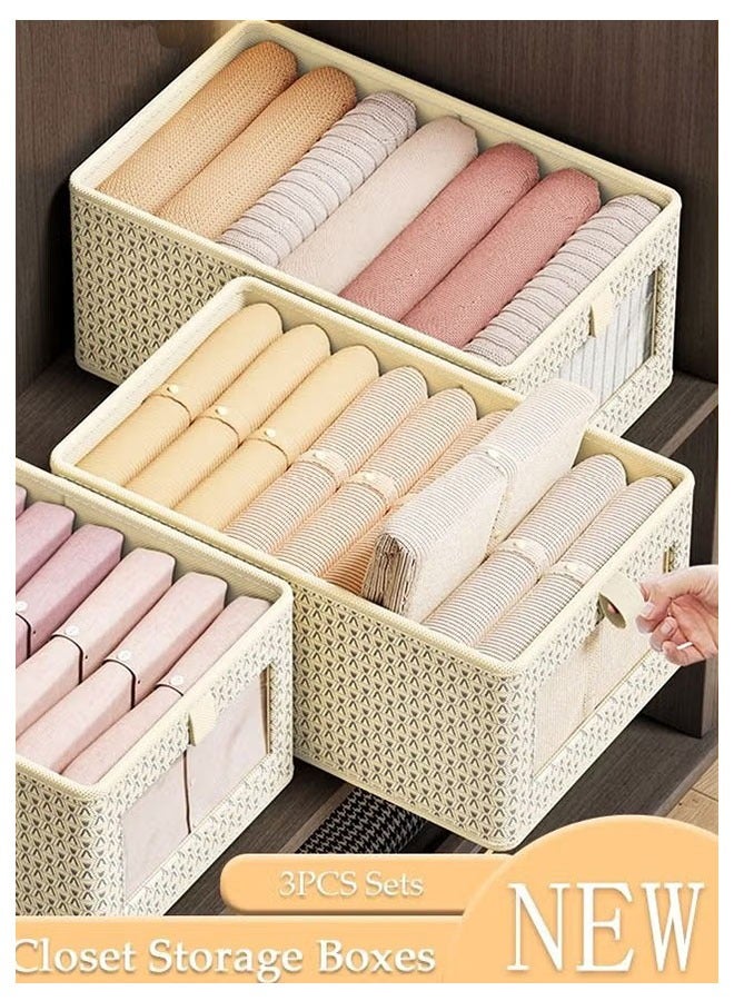 Clothes Storage Boxes, Set of 3 Wardrobe Storage Organiser Fabric Clothes Organiser, Storage Boxes with Clear Window for Jeans Pants Shirts Leggings Sweaters(Beige) - Image 1