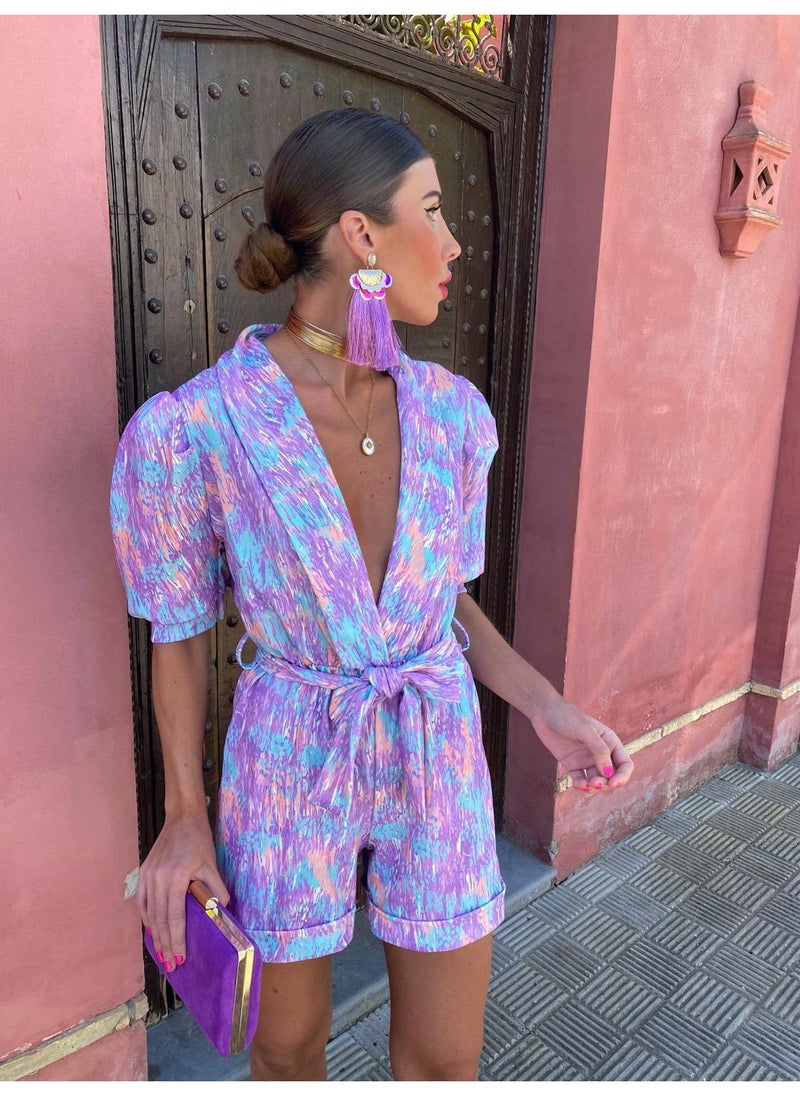 2023 European and American Cross-border Womens Summer Deep V-neck Puff-sleeved Short-sleeved Printed Belt with Elasticated Waist and Pocket Shorts Jumpsuit Purple - Image 1