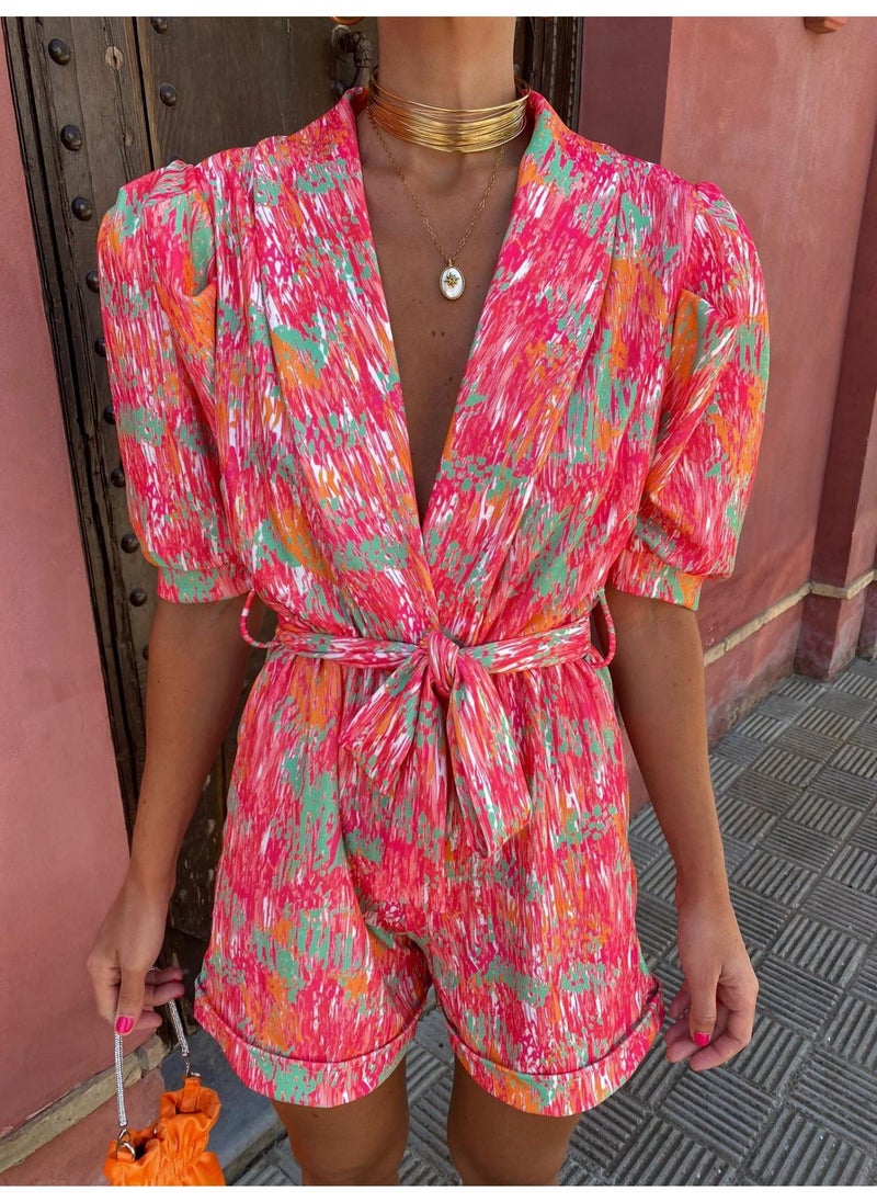 2023 European and American Cross-border Womens Summer Deep V-neck Puff-sleeved Short-sleeved Printed Belt with Elasticated Waist and Pocket Shorts Jumpsuit Purple - Image 5