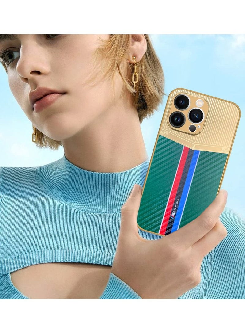 JOWAY iPhone 12 Pro Max Luxury Gold Plated Case Hybrid Electroplated Frame Back Cover with Carbon Fiber Texture Green/Gold  - Image 4