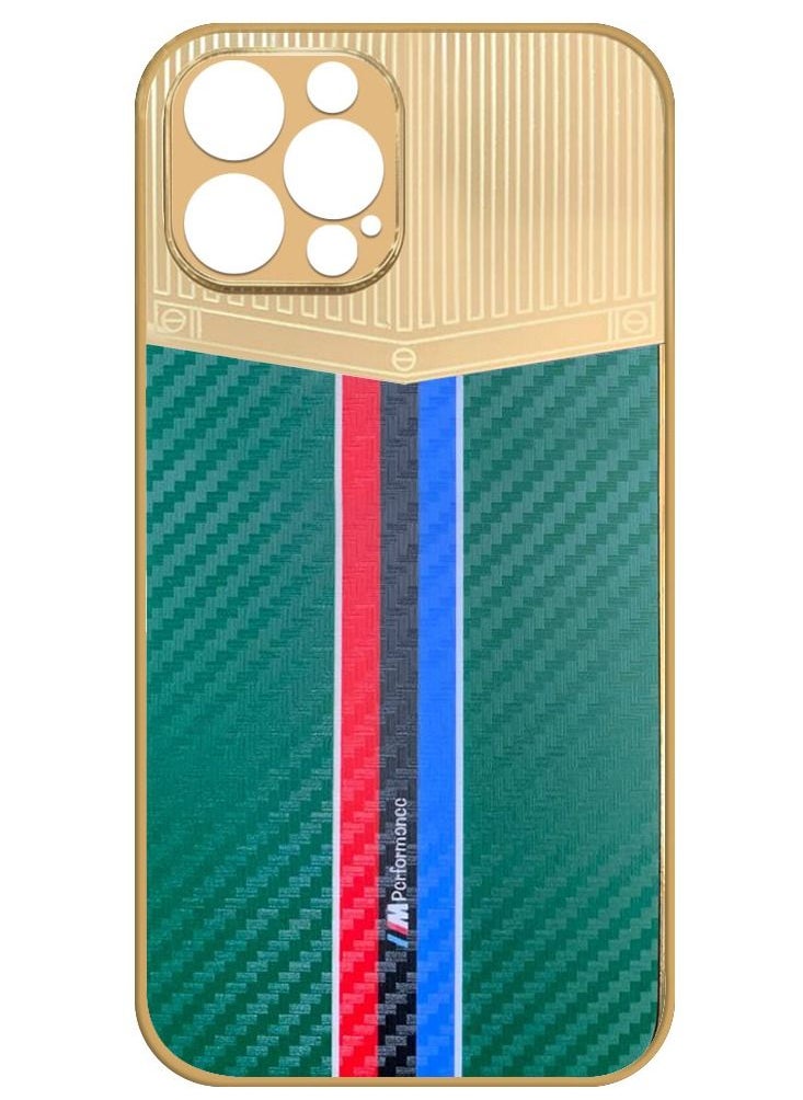 JOWAY iPhone 12 Pro Max Luxury Gold Plated Case Hybrid Electroplated Frame Back Cover with Carbon Fiber Texture Green/Gold  - Image 2
