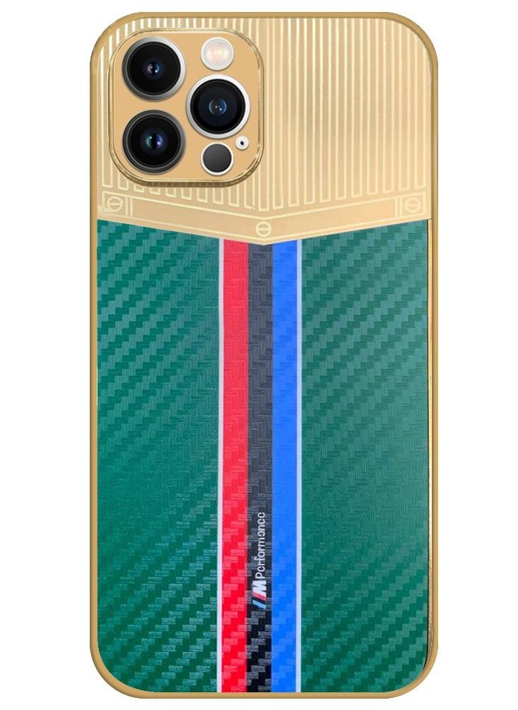JOWAY iPhone 12 Pro Max Luxury Gold Plated Case Hybrid Electroplated Frame Back Cover with Carbon Fiber Texture Green/Gold  - Image 1