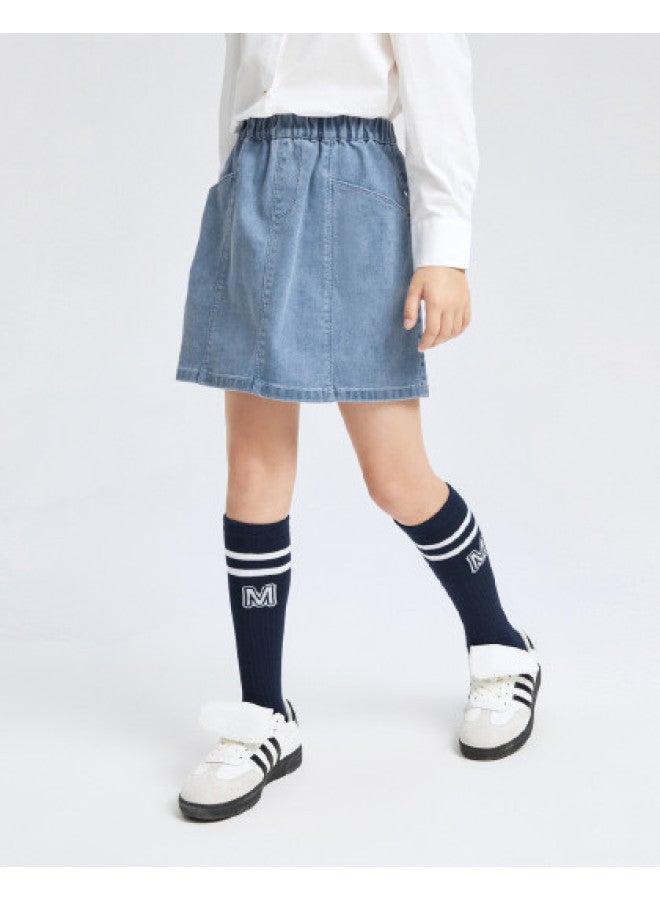 Annil Girls' Denim Skirt - Full Waist, Knee-length, Solid Color, Simple & Stylish, Structured Design For Spring/autumn - Image 1